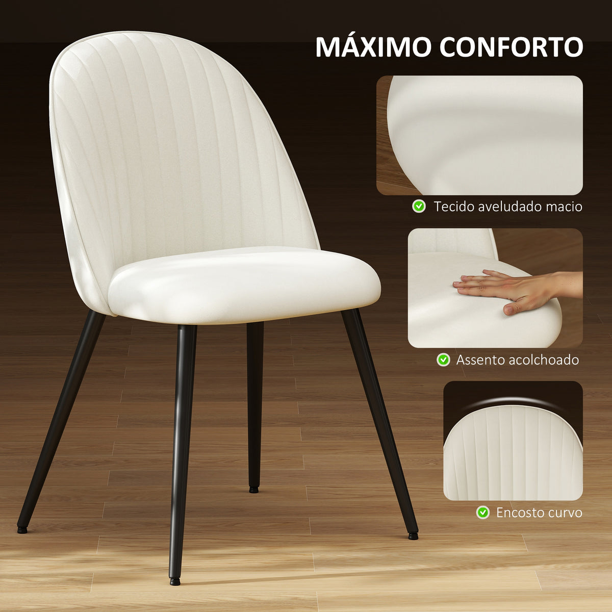 Conjunto de 4 Cadeiras de Sala de Jantar Modernas Cadeiras Estofadas em Veludo com Encosto Alto e Pés de Aço para Sala de Estar 50x52x83 cm Creme — foto 4