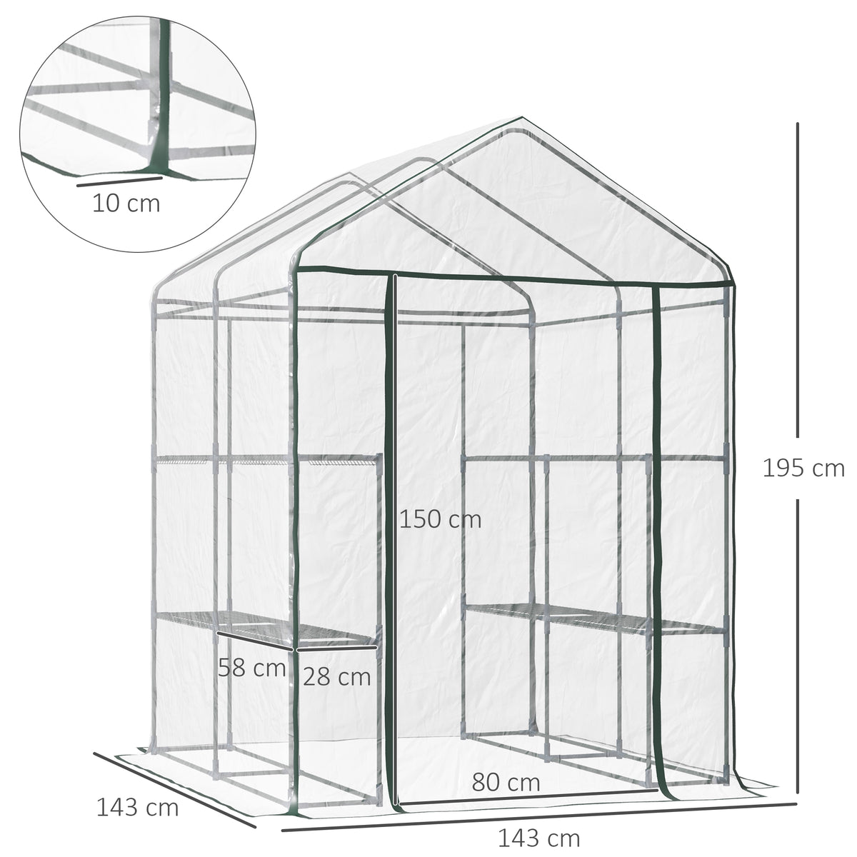 Estufa Transparente de Jardim Estufa de Plantas de 3 Níveis com Prateleiras Estrutura de Aço 143x143x195cm Transparente e Verde — foto 3