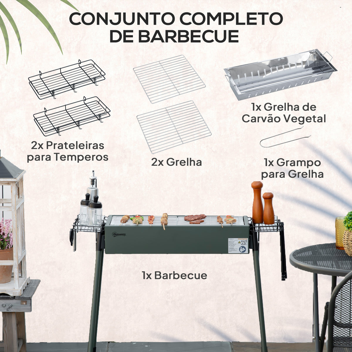 Barbecue a Carvão com 2 Grelhas de Aço Inoxidável Barbecue Portátil com 2 Prateleiras para Temperos com Ganchos para Campismo Jardim 77x30x70 cm Verde — foto 4