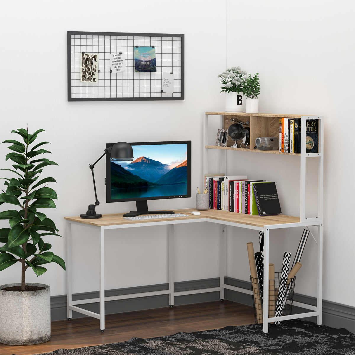 Secretária em Forma de L Multifuncional Secretária para Escritório ou Estúdio com Prateleiras Altas Amplo Espaço Estilo Minimalista 140x125x149cm Madeira e Branco — foto 2