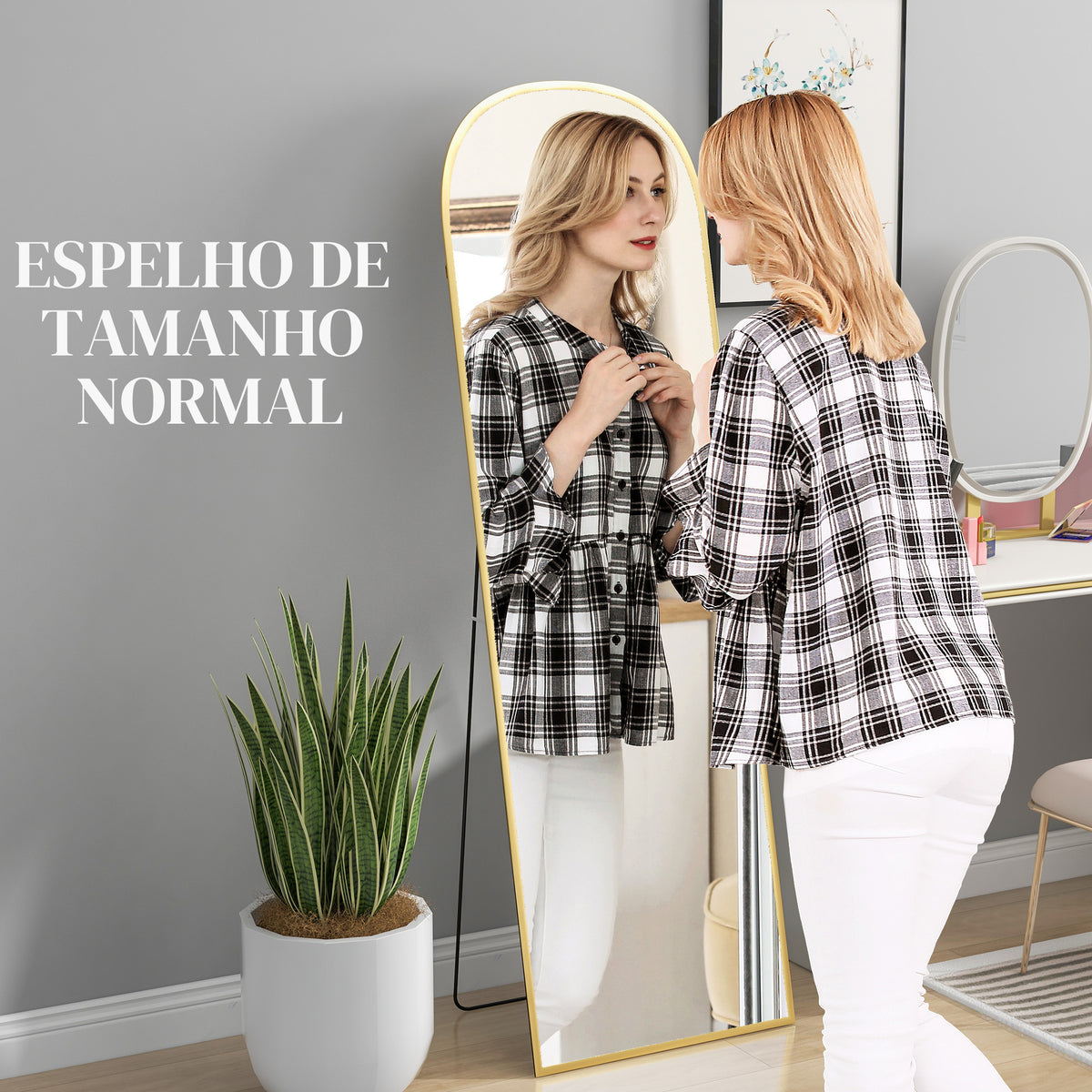 Espelho de Pé Espelho de Corpo Inteiro 50x170 cm Espelho de Parede com Estrutura de Liga de Alumínio e Suporte para Sala Quarto Banheiro Dourado — foto 4
