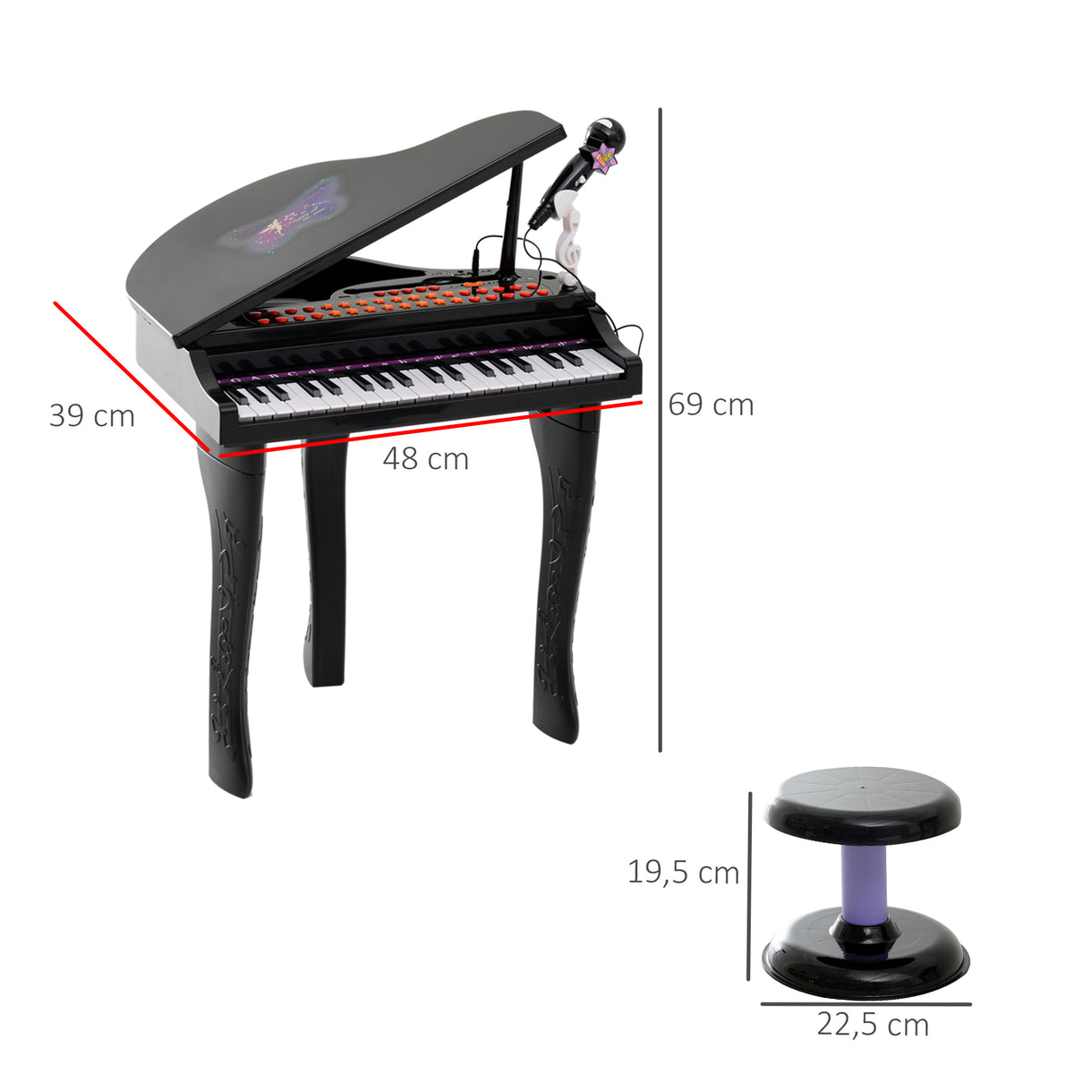 Piano para Crianças com 37 Teclas Piano Infantil com Microfone Banco Luzes 22 Músicas e Entrada para MP3 e USB 48x39x69 cm Preto — foto 3