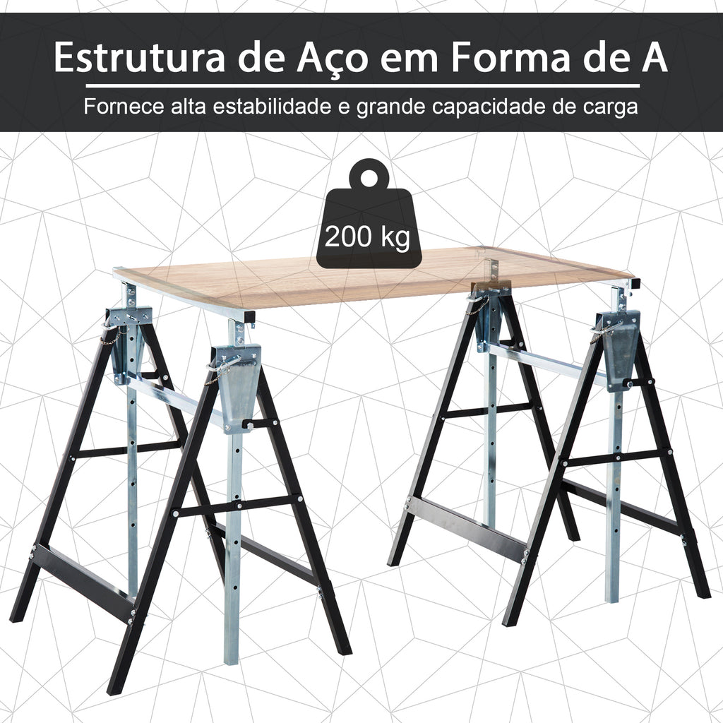 Conjunto de 2 Cavaletes Telescópicos Dobráveis com Altura Ajustável Cavaletes de Serra de Aço para Mesa de Trabalho Carga 200kg 68x58x80-130cm Preto — foto 5
