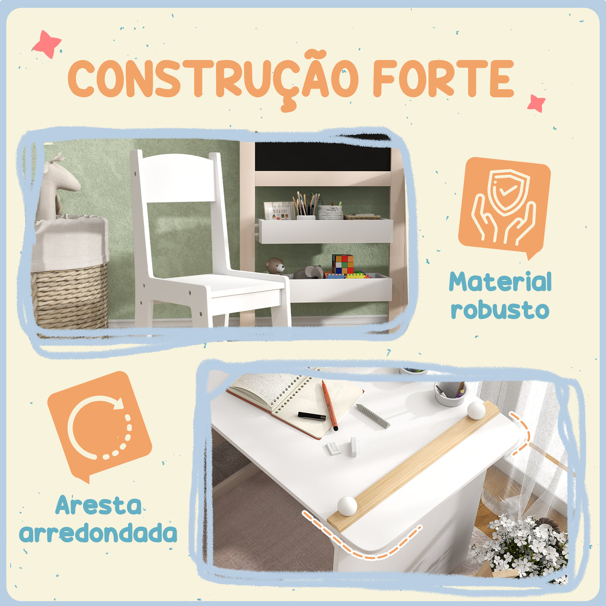 Mesa e Cadeira Infantil de 2 Peças Mesa para Crianças com Cadeira Ardósias Dobrável Mesa para Crianças acima de 3 Anos com Prateleiras Rolo de Papel para Dormitório Sala de Jogos Branco — foto 7