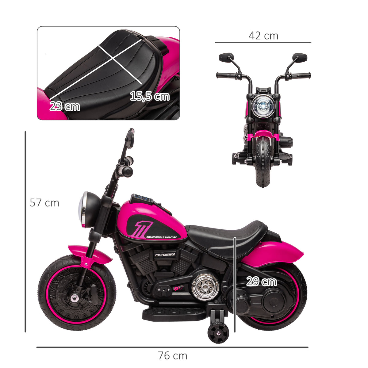Motocicleta Elétrica para Crianças de 18-36 Meses com Bateria 6V Farol e Rodas Auxiliares Removíveis 25 kg 76x42x57 cm Rosa — foto 3