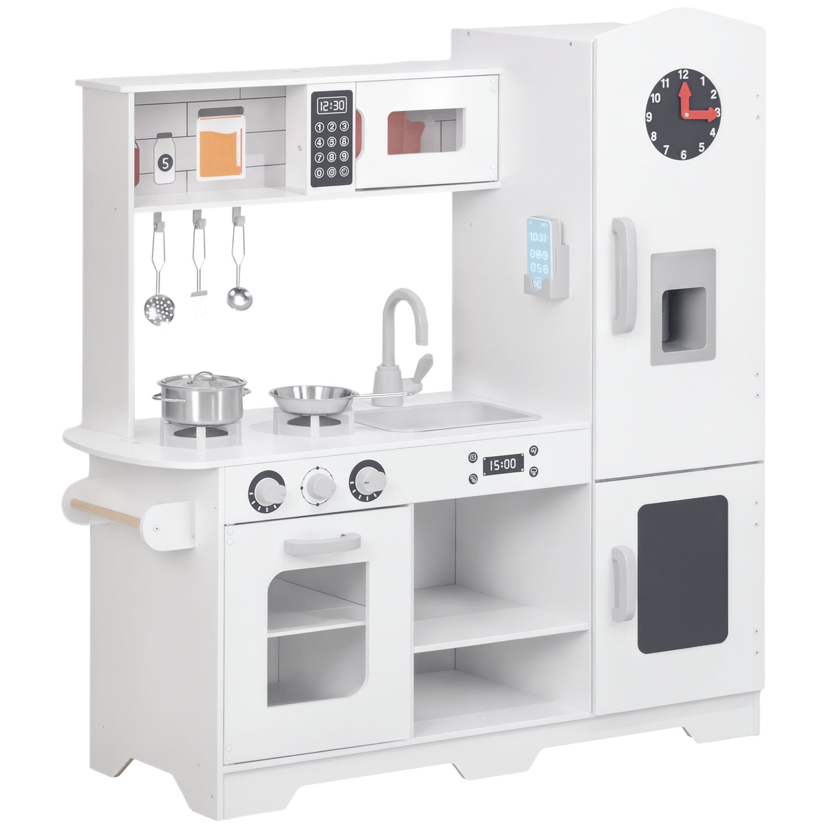 Cozinha de Madeira para Crianças acima de 3 Anos Cozinha Infantil com Fogão Lavatório Micro-Ondas Relógio Máquina de Gelo e Acessórios 100,5x41x110 cm Branco — foto 1