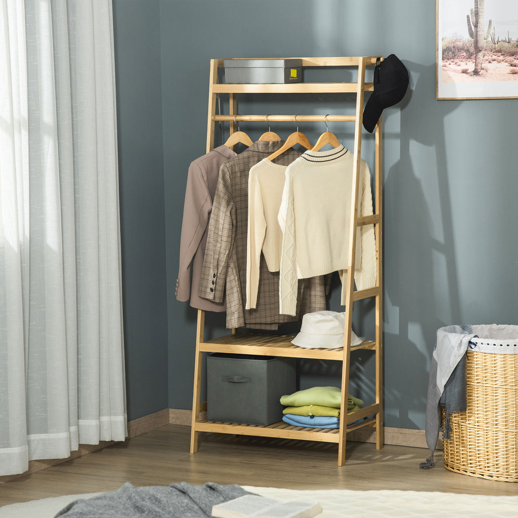 Suporte para Cabides de Bambu Cabideiro com Prateleira de 3 Níveis com Barra e Cabide Lateral para Roupas Bolsas 70x42x164cm Madeira — foto 2