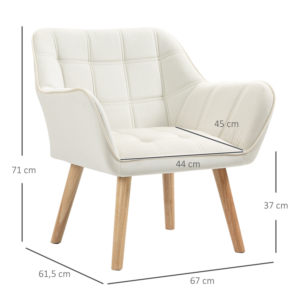 Poltrona Moderna Poltrona de Leitura Estofada em Veludo com Assento Amplo Pés em Madeira Poltrona Relax para Sala de Estar Quarto 67x61,5x71 cm Creme — foto 3