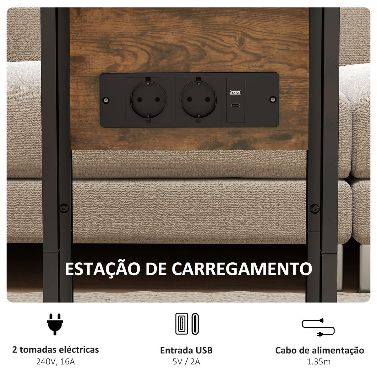 Mesa Auxiliar com Estação de Carga Mesa Auxiliar para Sofá com Tampo Dobrável e Pés Ajustáveis Mesinha Auxiliar para Sala Quarto Madeira Rústica — foto 5
