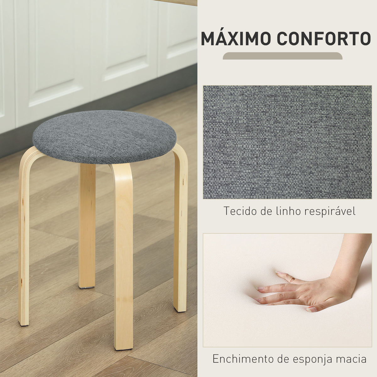 Conjunto de 4 Bancos Empilháveis Redondos Bancos Baixos de Cozinha com Assento Acolchoado para Sala de Jantar Quarto Escritório Sala Cinzento e Madeira — foto 5