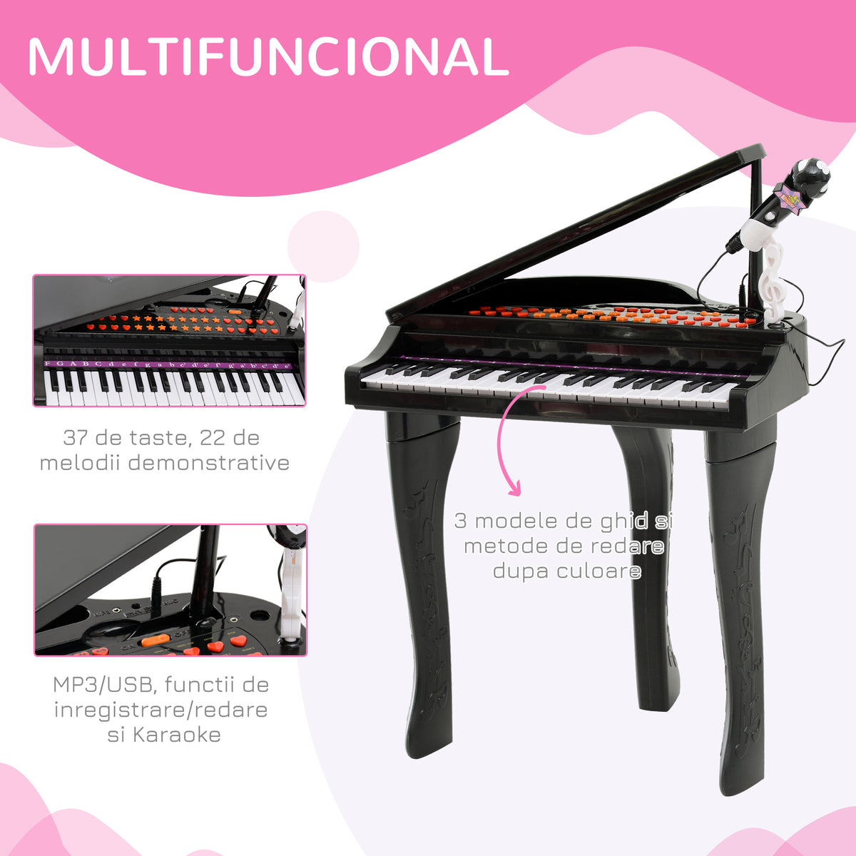Piano para Crianças com 37 Teclas Piano Infantil com Microfone Banco Luzes 22 Músicas e Entrada para MP3 e USB 48x39x69 cm Preto — foto 5