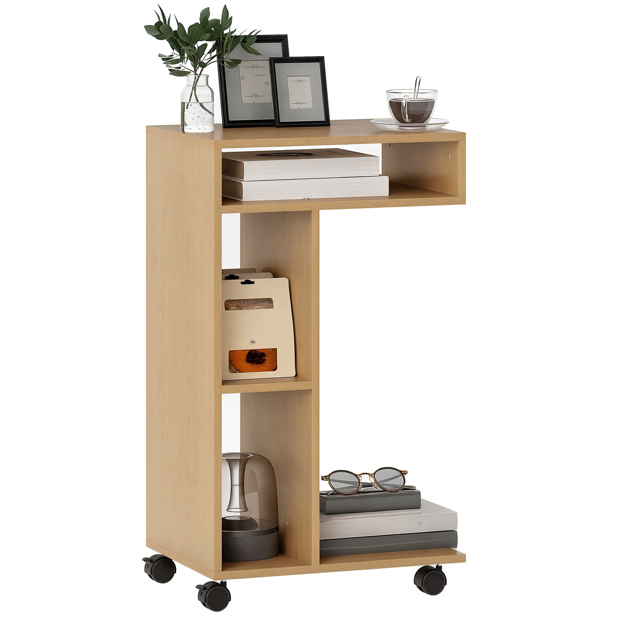 Mesa Auxiliar em Forma de C Mesa Auxiliar para Sofá com Rodas Compartimentos Abertos Mesa Lateral para Sala de Estar Dormitório 40x30x69 cm Madeira — foto 1