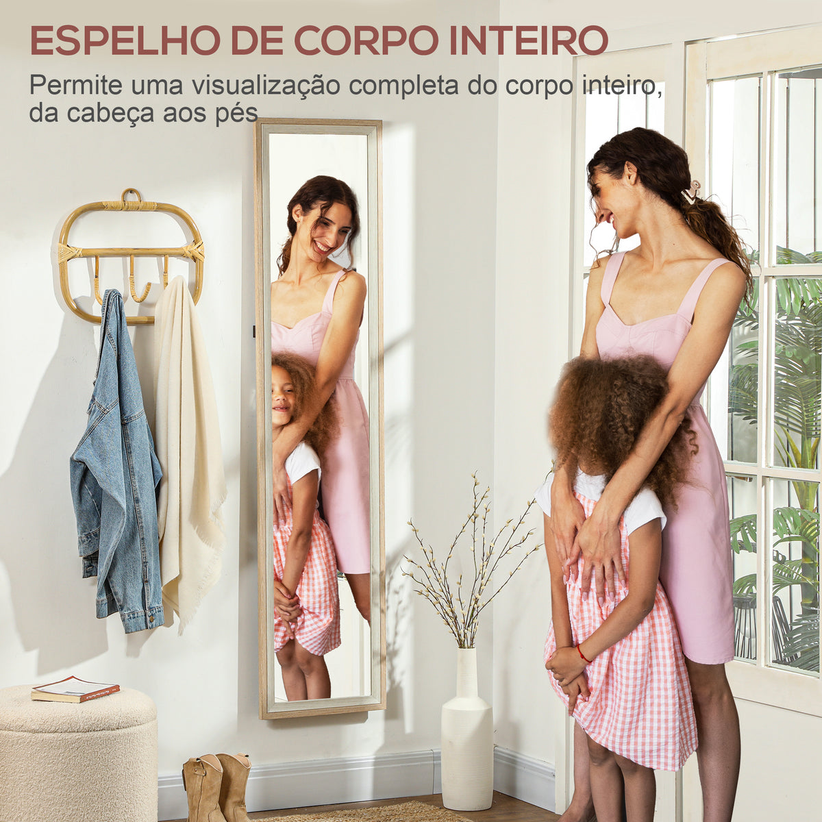 Espelho de Pé 37x157 cm Espelho de Corpo Inteiro com Estrutura de MDF e Suporte para Sala de Estar Dormitório Branco e Madeira Clara — foto 4