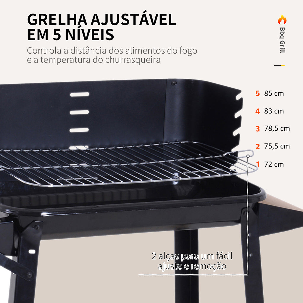 Barbecue a Carvão com Grelha Ajustável em Altura Prateleiras e Rodas para Jardim Exterior Campismo 83x45x87 cm Preto — foto 4