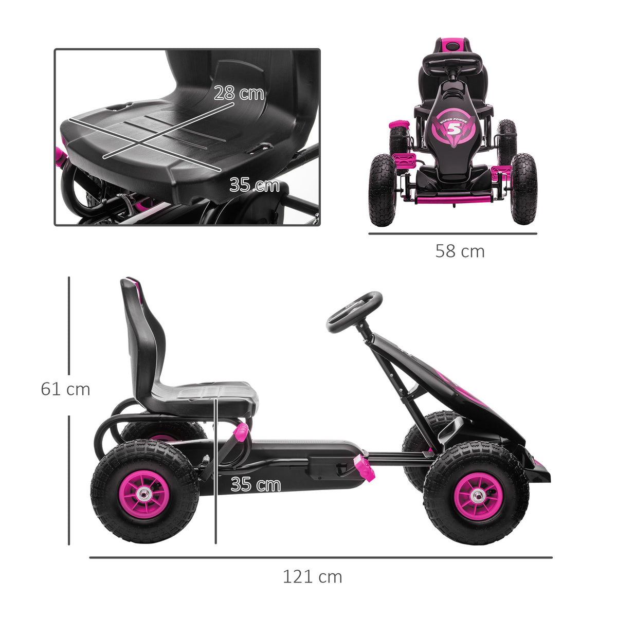 Kart a Pedais para Crianças 5-12 Anos Kart a Pedais Infantil com Assento Ajustável Pneus Insufláveis Amortecimento e Travão de Mão Carga Máx. 50kg 121x58x61 cm Rosa — foto 3