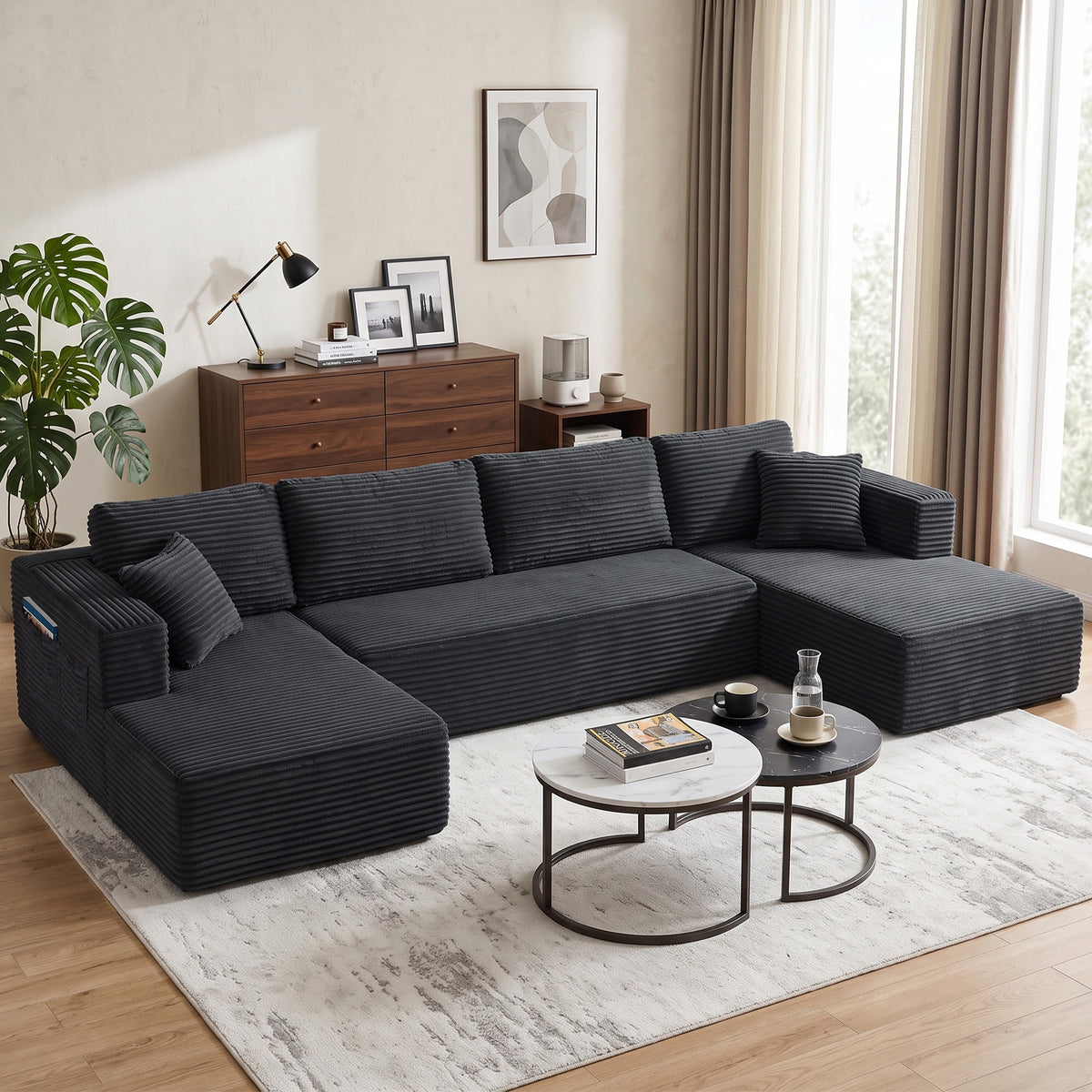 Sofá Modular em U com 2 Chaises-longues Sofá-cama em Cotelê com Espuma de Alta Densidade e Assento com Molas Cinza Escuro — imagem 6