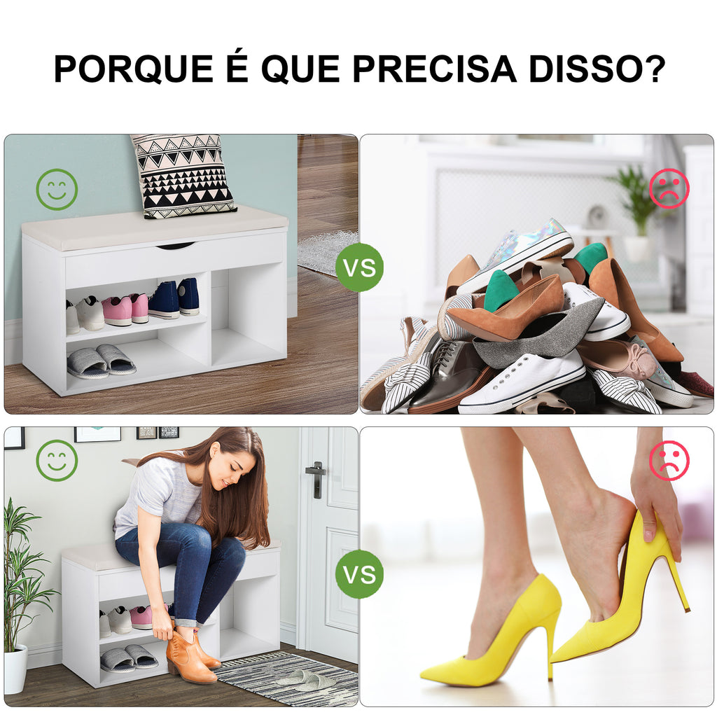 Banco Sapateira com Armazenamento Gaveta Prateleira e Assento Acolchoado para Entrada Estilo Moderno 80x30x47cm Branco — foto 7