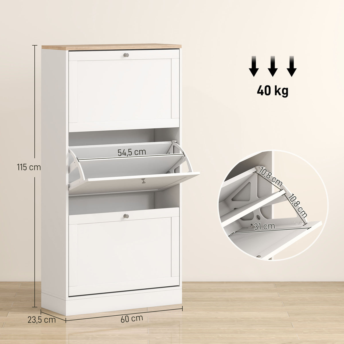Móvel Sapateira de Entrada Armário Sapateira Moderno com 3 Gavetas Basculantes e Prateleiras Ajustáveis para 18 Pares de Sapatos para Corredor Entrada 60x23,5x115 cm Branco — foto 3