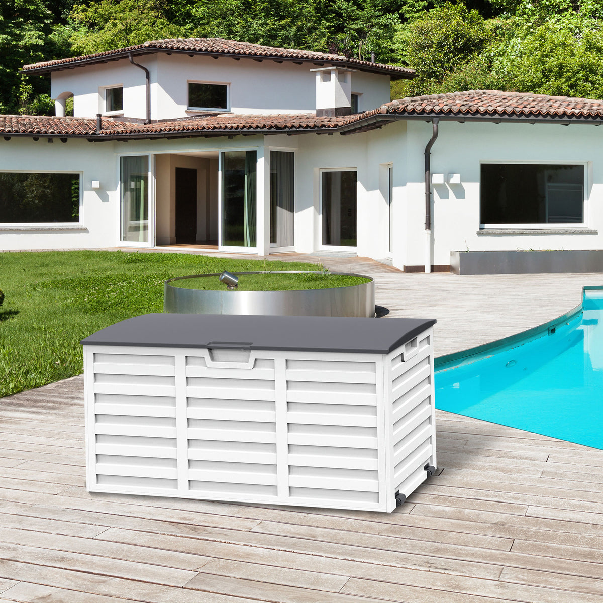 Baú para armazenamento ao ar livre 260L com alças e rodas embutidas para jardim 112x49x53,5 cm Branco Cinza Escuro — foto 2