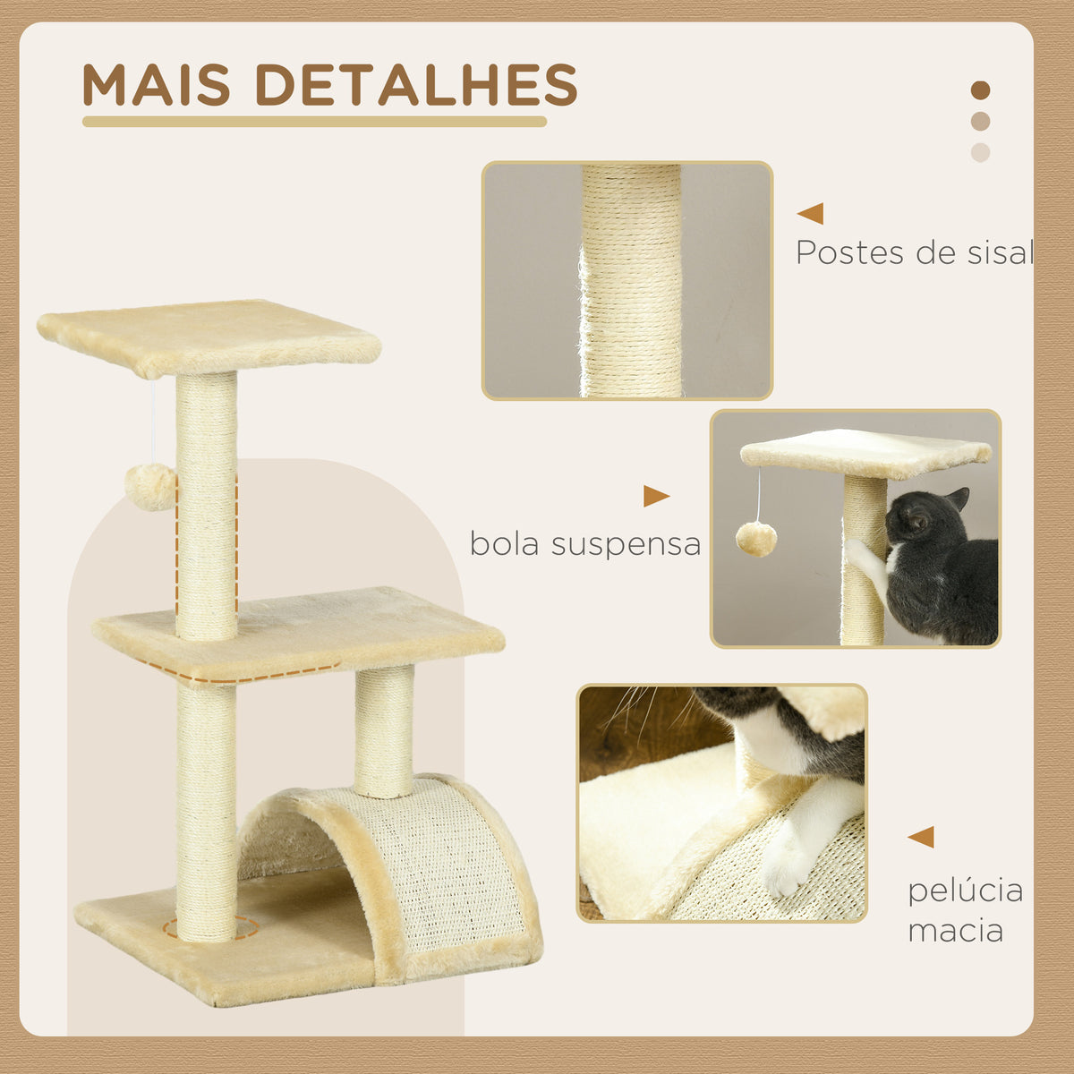 Arranhador para Gatos Médio Arranhador para Gatos de 3 Níveis Torre para Gatos com Postes de Sisal Placa para Arranhar e Bola Suspensa Creme — foto 5