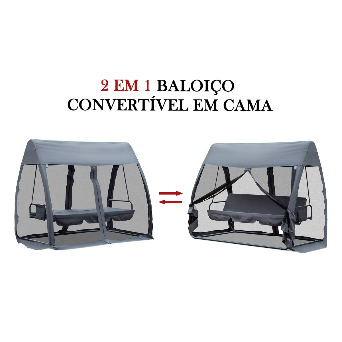 Baloiço de Jardim de 3 Lugares Convertível em Cama com Rede Mosquiteira para Terraço Balcão Exterior Carga Máxima 300kg 240x140x197cm Cinza — foto 6