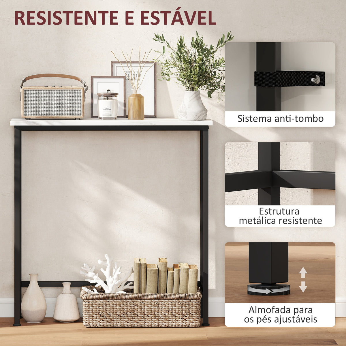 Mesa Consola Moderna Consola Estreita com Superfície com Efeito Mármore e Estrutura de Metal para Entrada Sala de Estar 75x24x76 cm Branco e Preto — foto 5