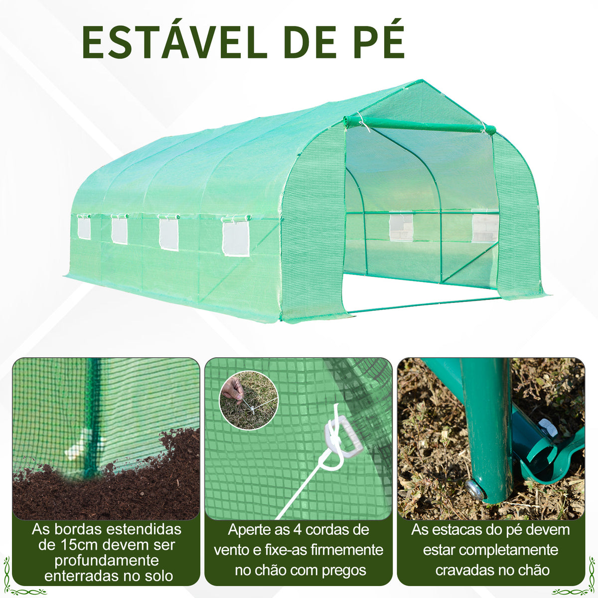 Estufa Tipo Túnel de Jardim 600x300x200cm para Cultivo de Plantas Verduras com 8 Janelas e Porta Enroláveis com Zíper Aço Verde — foto 5