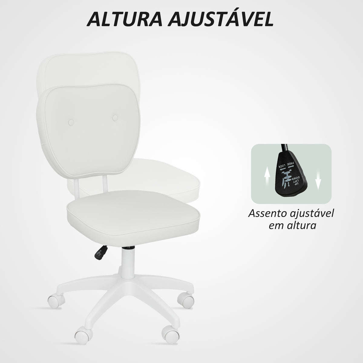 Cadeira de Escritório Estofada em PU Cadeira de Escritório Giratória com Altura Ajustável Sem Braços Carga 120 kg Cadeira de Estudo Dormitório 46x59x82-92 cm Branco — foto 4