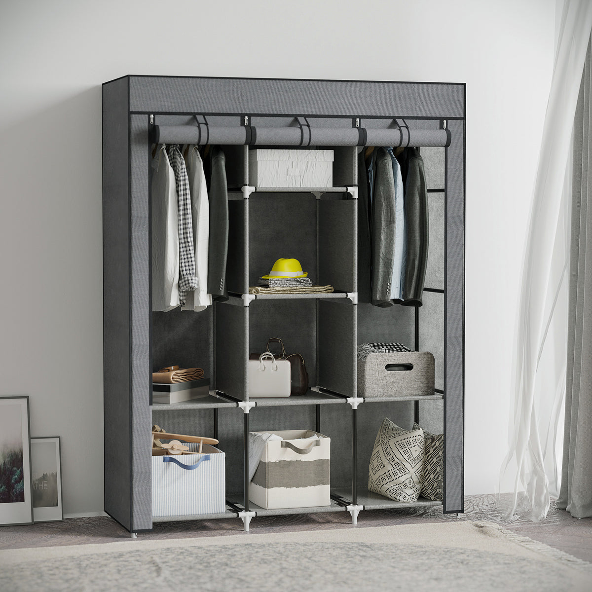 Roupeiro de Tecido Dobrável Armário Portátil com 8 Prateleiras de Armazenamento e 2 Barras de Pendurar Organizador de Roupa para Dormitório Vestidor 125x43x162,5 cm Cinzento — foto 2