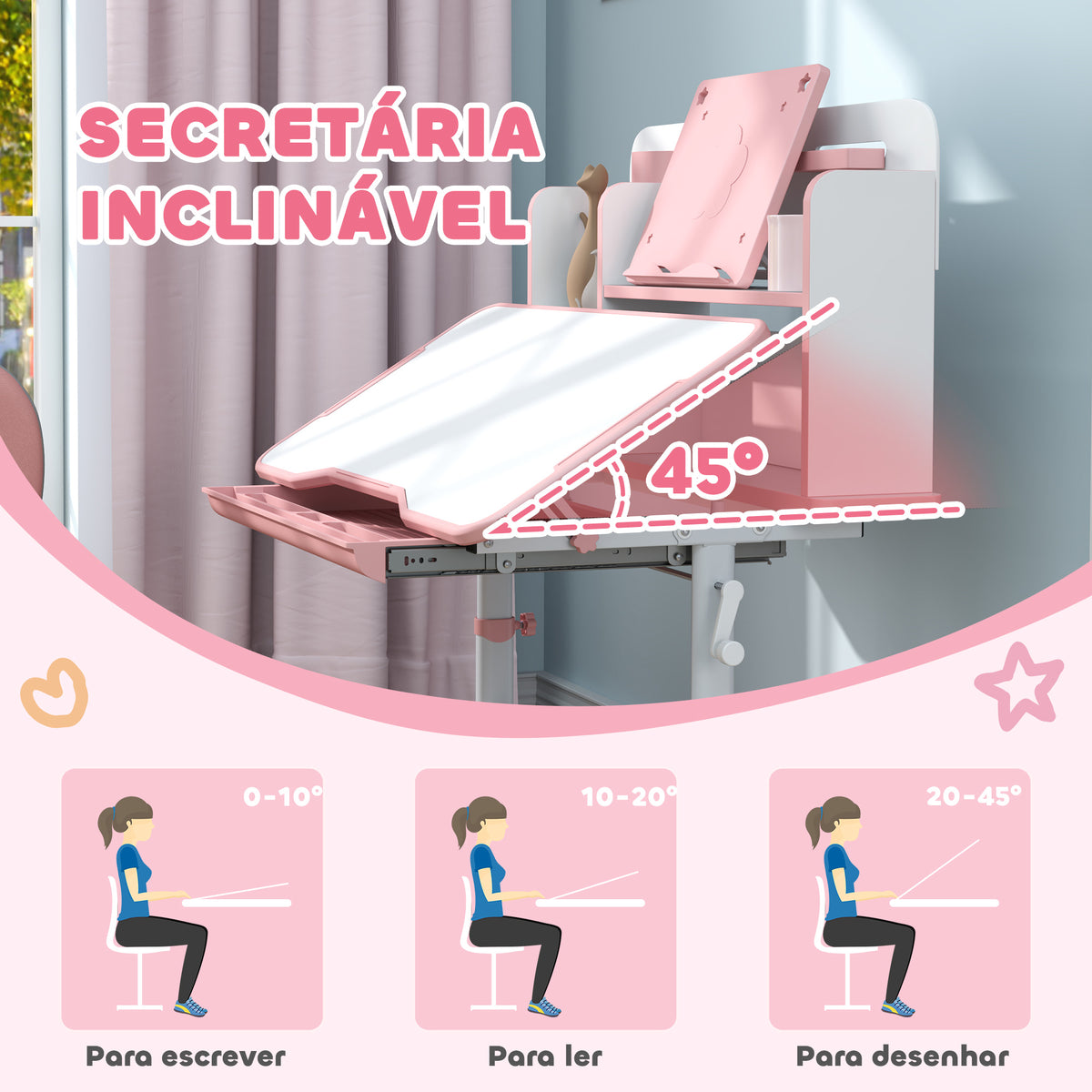 Conjunto de Secretária e Cadeira para Crianças acima de 3 Anos Secretária Infantil Altura Ajustável com Tampo Inclinável Gaveta e Prateleiras Encosto Acolchoado, para Livros 80x55x107,5 cm Rosa — foto 4