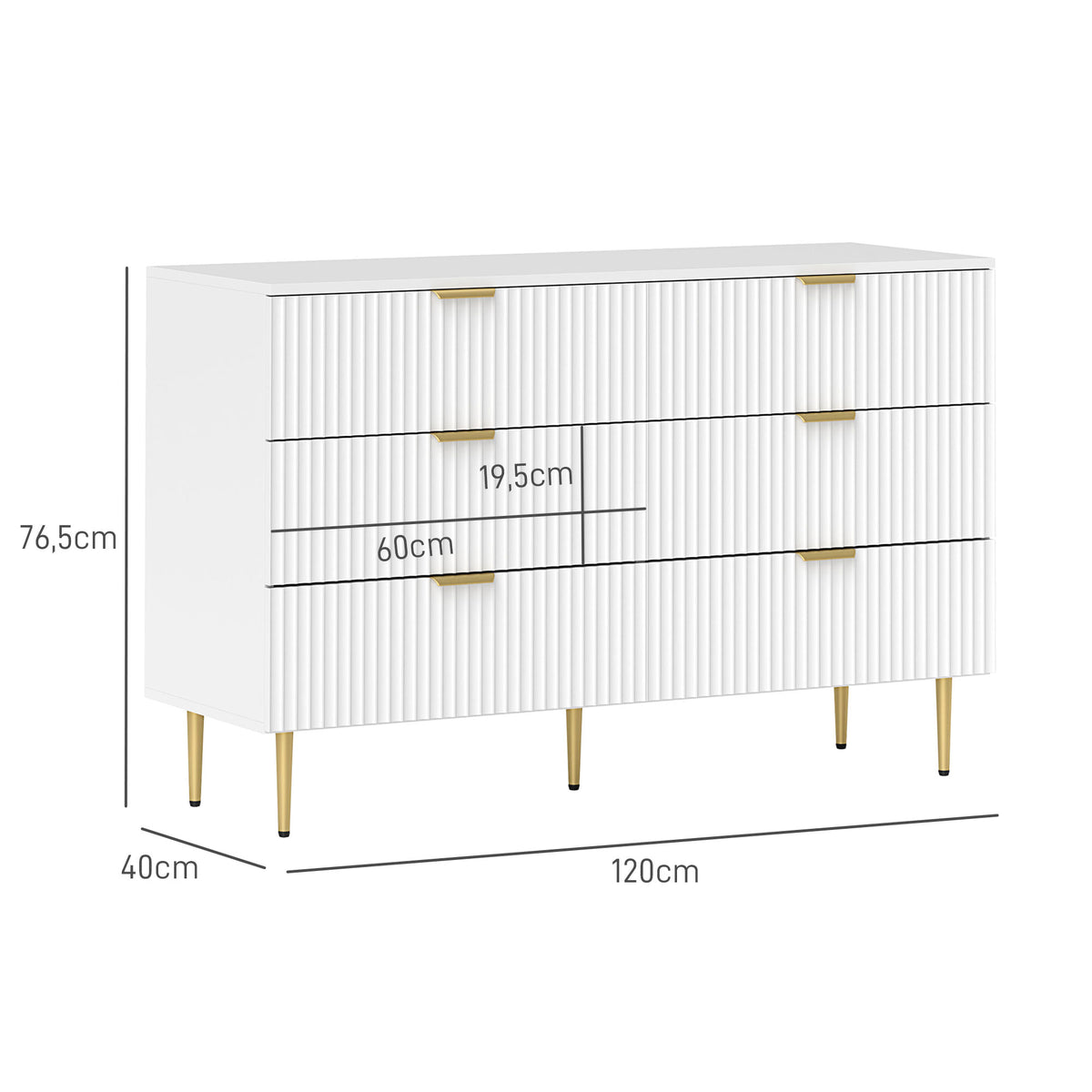 Cômoda 6 Gavetas Moderna com Puxadores e Pés Dourados 120x40x76,5 cm Branco — foto 2