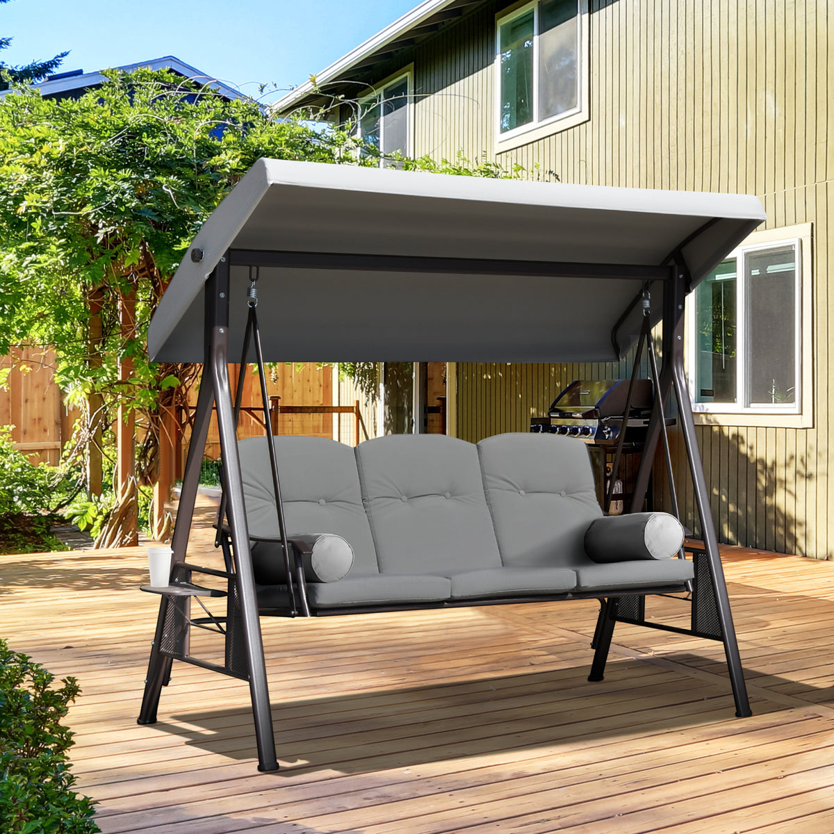 Banco Baloiço de Jardim de 3 Lugares com Teto 2 Almofadas Suporte para Bebidas e Estrutura de Metal para Terraço Balcão Exterior Carga Máxima 360kg 206x116x183cm Cinza — foto 2