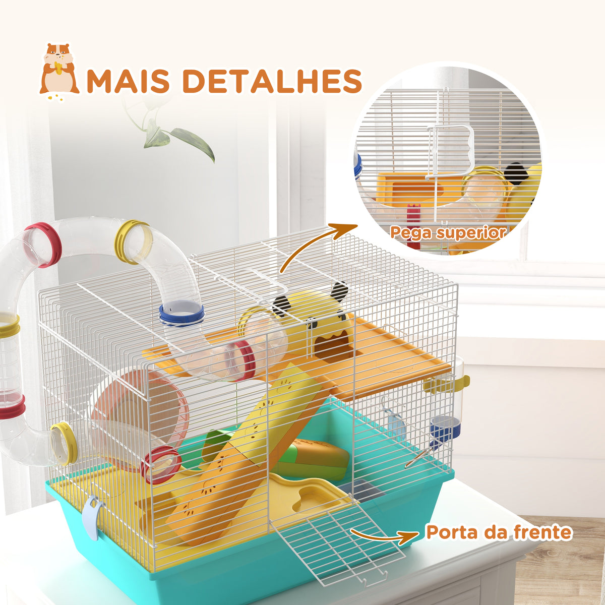 Gaiola para Hamsters Gaiola para Animais Pequenos com Túnel Plataformas Comedouro Bebedouro Casinha Rampas e Roda de Exercício 45x28x37 cm Azul Claro — foto 8