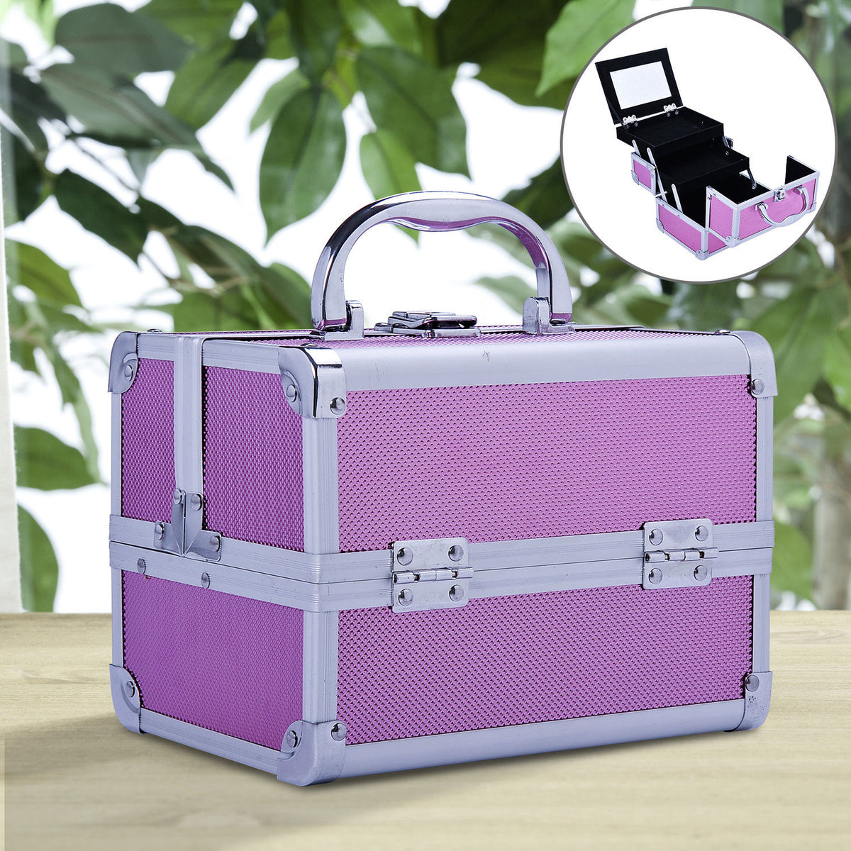 Estojo de Maquiagem Profissional Portátil de Cosméticos com Bandejas de 3 Níveis e Espelho 2 Chaves para Porta-Joias Manicure 15x15x20cm Rosa — foto 2