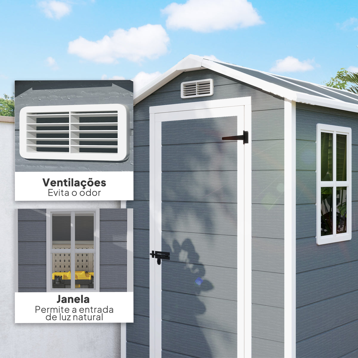 Abrigo de Jardim Exterior 2,1 m² 131x186x198 cm Abrigo de Jardim Exterior com Piso Janela Porta com Fechadura Ventilações para Armazenamento de Ferramentas Cinzento — foto 5