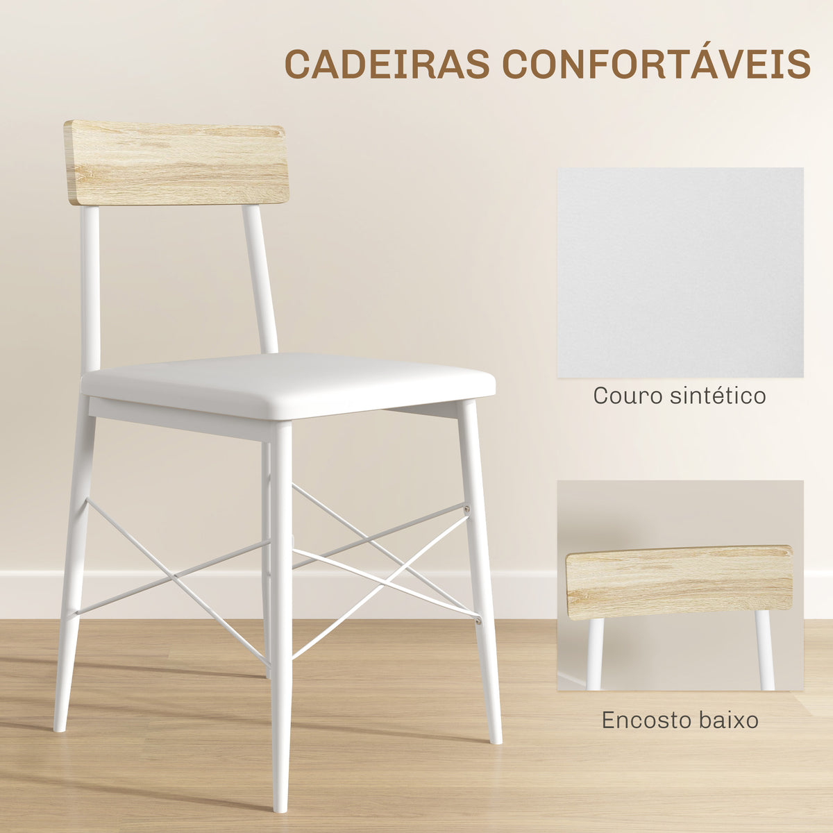 Conjunto de Refeição de 3 Peças Conjunto 1 Mesa de Cozinha 70x70x75 cm e 2 Cadeiras 40x50x80 cm com Prateleira de Armazenamento e Estrutura de Aço Branco e Madeira — foto 5