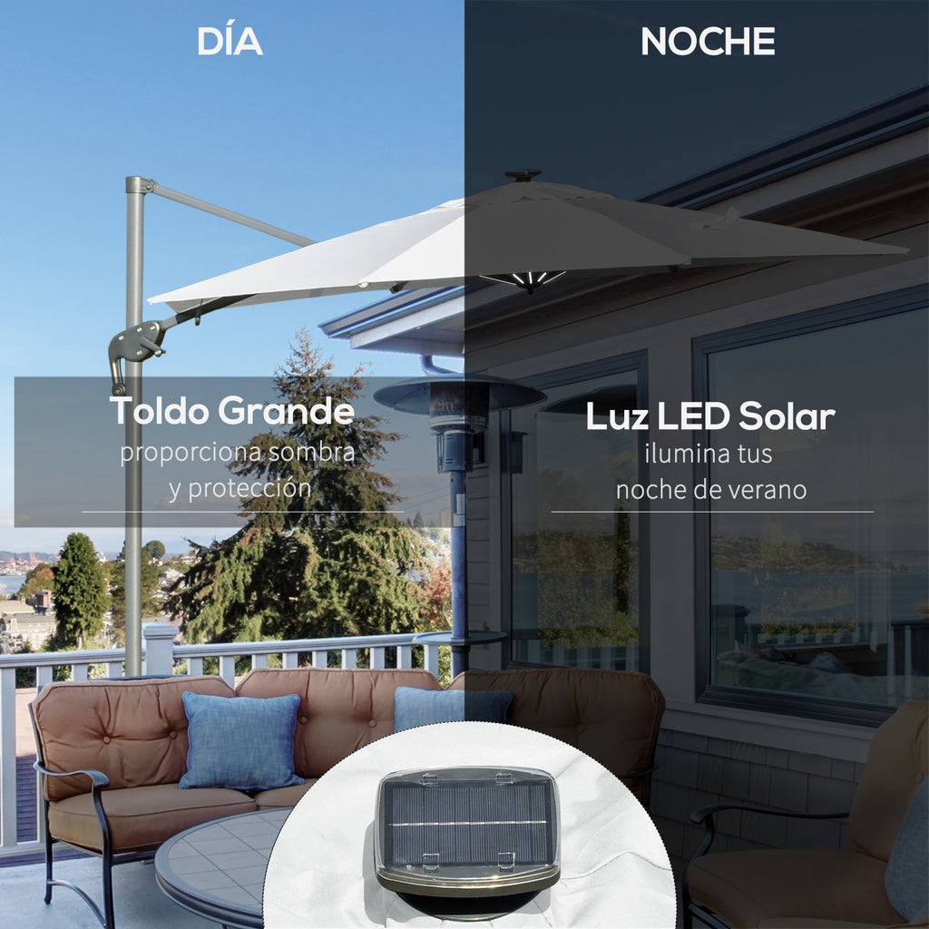 Chapéu de Sol Excêntrico Φ300x248cm com Proteção UV 50+ Giratório 360º com Manivela Luzes LED Painel Solar e Teto Reclinável Branco — foto 4