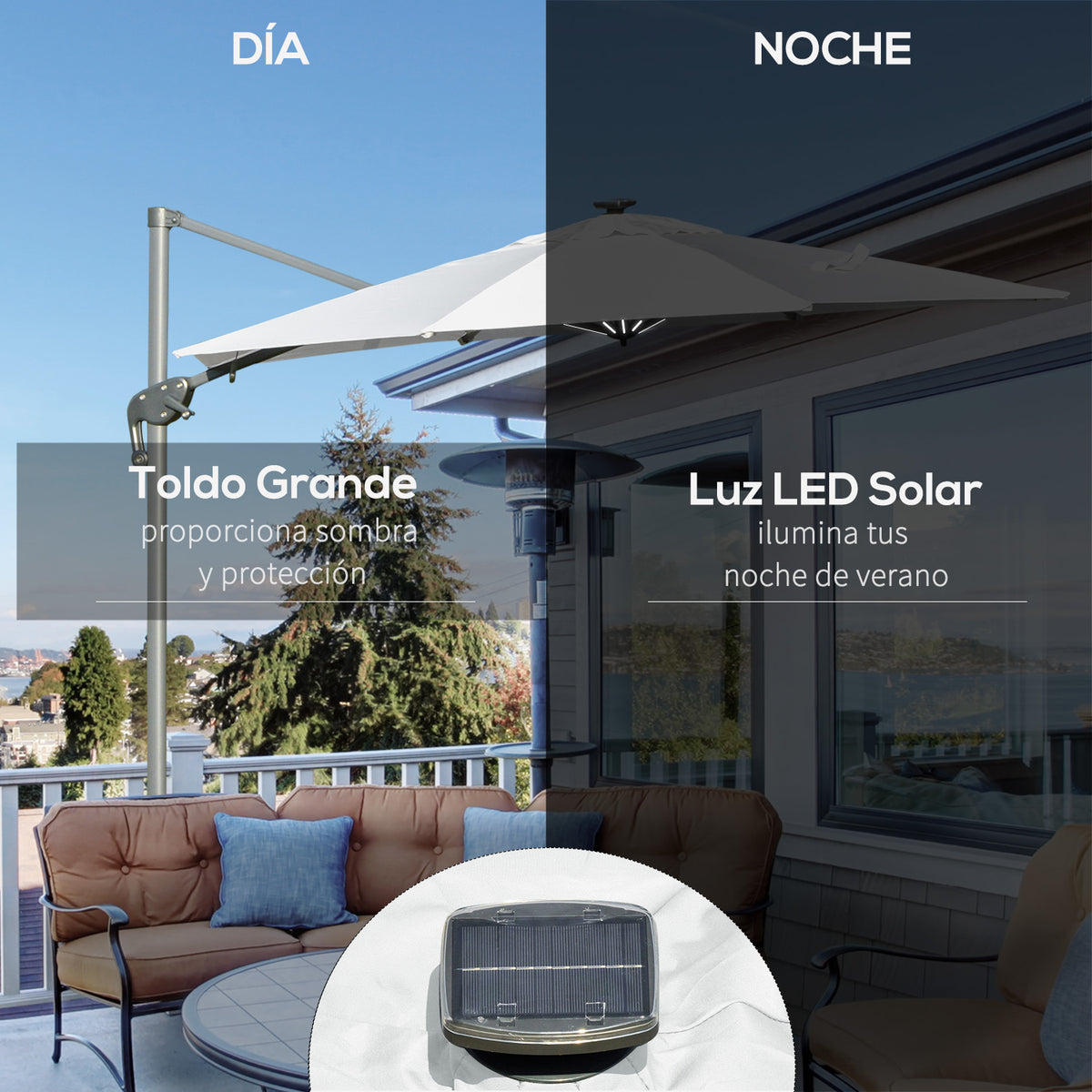 Chapéu de Sol Excêntrico Φ300x248cm com Proteção UV 50+ Giratório 360º com Manivela Luzes LED Painel Solar e Teto Reclinável Branco — foto 4