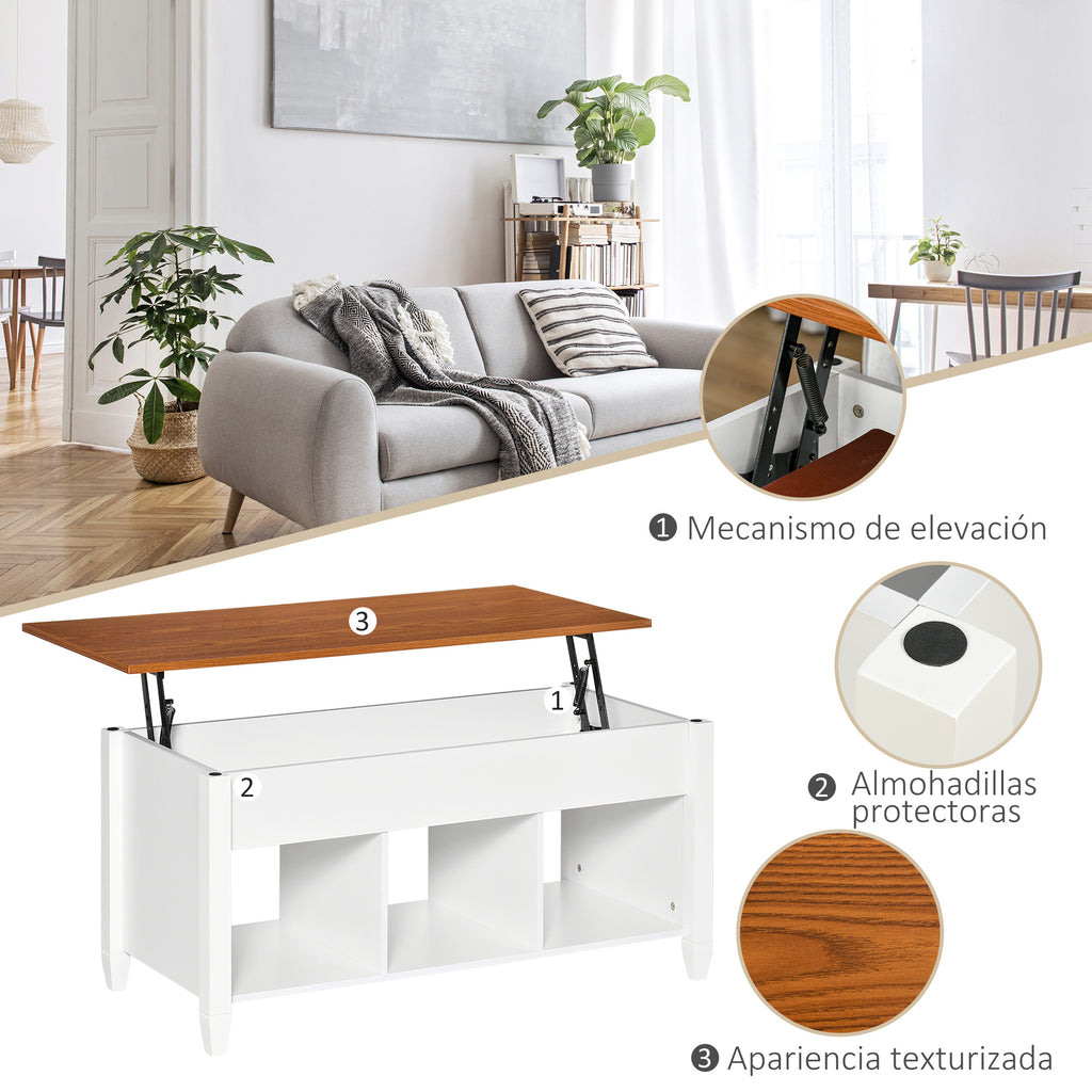 Mesa de Centro com Bancada Elevável Mesa de Centro com 3 Compartimentos Abertos Mesa Retangular Moderna para Sala de Estar 105x50x48cm Branco e Marrom — foto 6