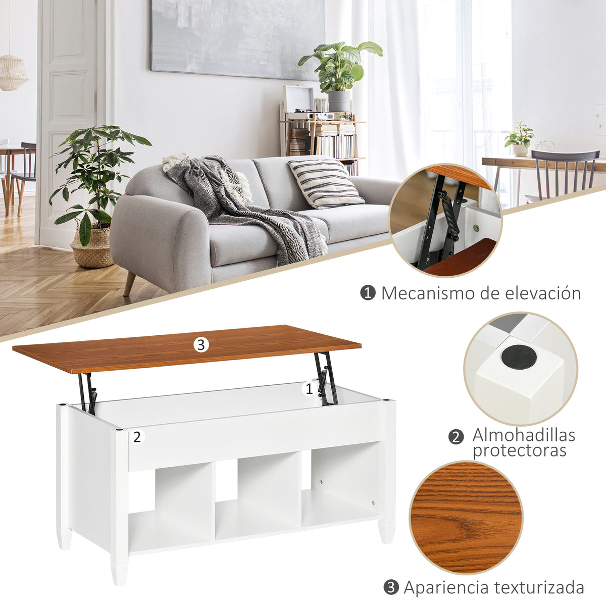 Mesa de Centro com Bancada Elevável Mesa de Centro com 3 Compartimentos Abertos Mesa Retangular Moderna para Sala de Estar 105x50x48cm Branco e Marrom — foto 6