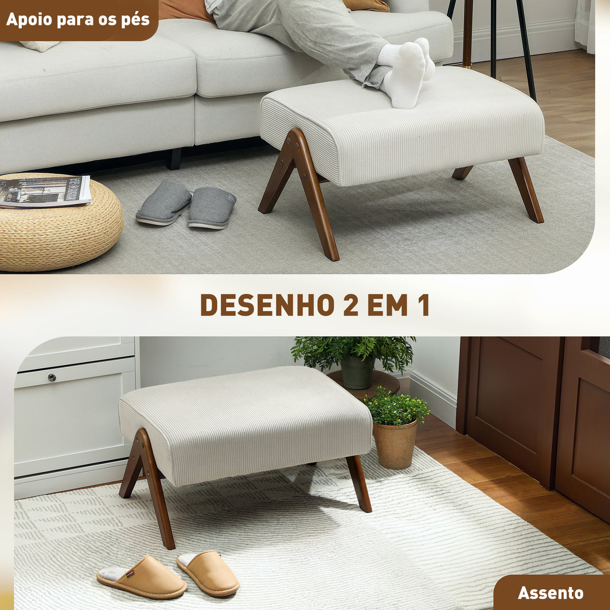 Apoio para Pés para Sala Banco Baixo Estofado em Veludo Otomana Retangular com Assento Almofadado e Pés de Madeira para Sala de Estar Quarto 69x47x36 cm Bege — foto 4