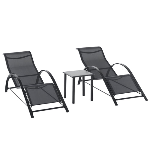 2 Espreguiçadeiras de Jardim 59x169x66 cm com Mesa 41x41x45 cm Vidro Temperado Apoio de Braços para Pátio Piscina Varanda Exterior Preto — foto 1