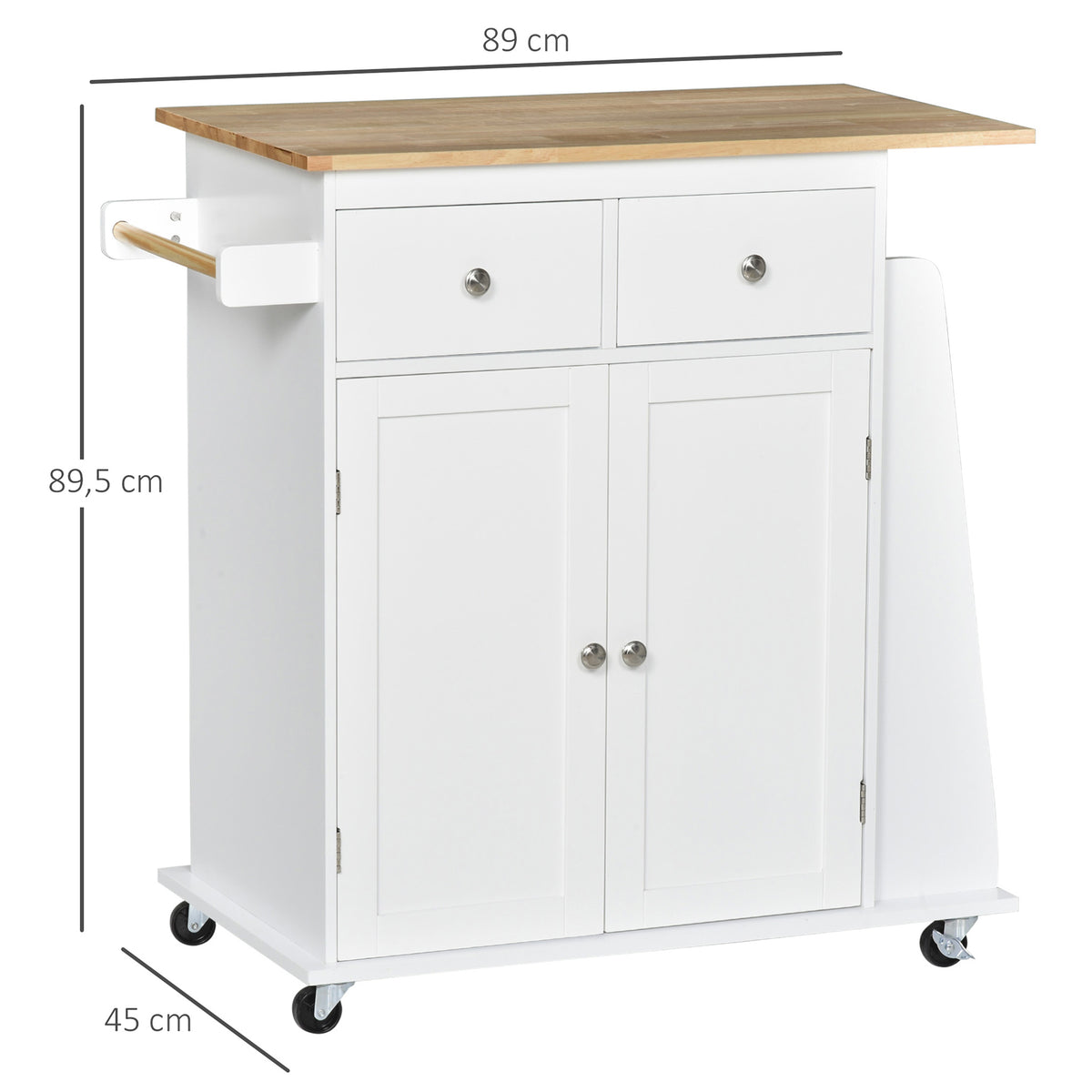 Carrinho de Cozinha Auxiliar com Rodas Carrinho de Cozinha com 2 Gavetas Armário de Armazenamento Prateleira Interior Ajustável 3 Suportes para Temperos e Barra de Pendurar 89x45x89,5cm Branco — foto 3