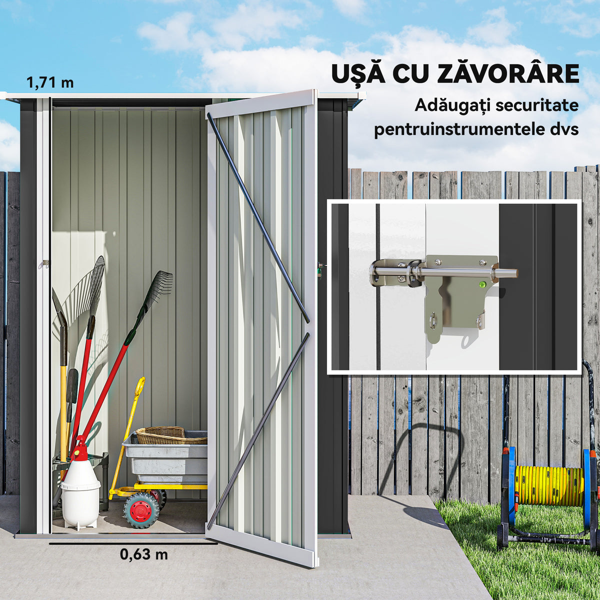 Abrigo de Jardim 1,07m² 142x84x189cm Abrigo de Jardim de Aço Galvanizado com Porta Fechadura e Orifícios de Drenagem para Armazenamento de Ferramentas Cinza — foto 4