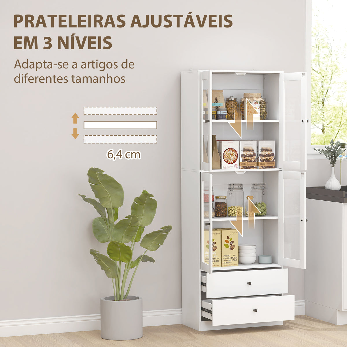 Armário de Cozinha Alto Móvel Auxiliar de Cozinha com 4 Portas de Vidro 2 Gavetas Prateleiras Ajustáveis 59x30x170 cm, Branco — foto 5