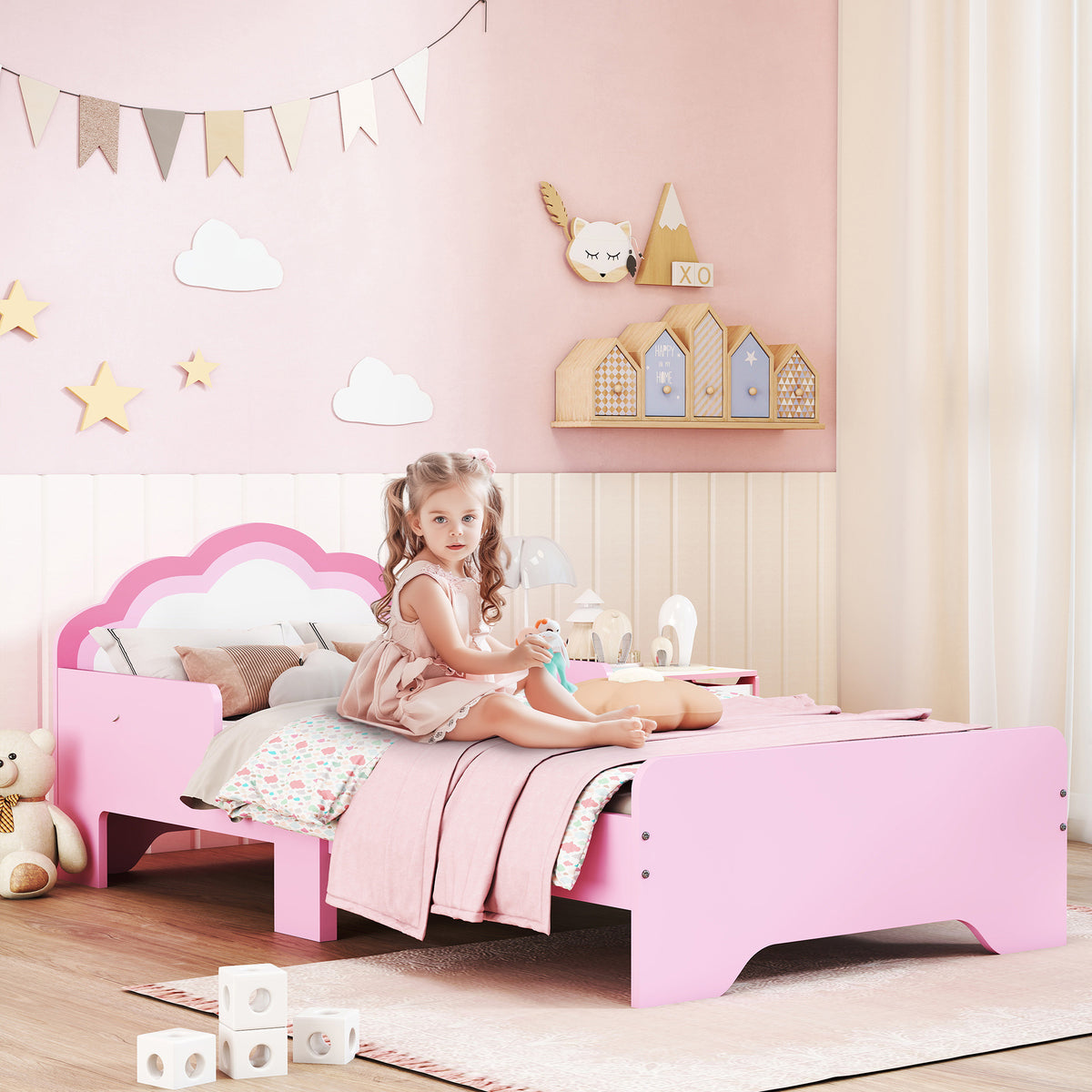 Cama para Crianças 70x140 cm com Barreira Antiqueda e Estrado Cama Infantil com Cabeceira em Forma de Nuvem Rosa — foto 2