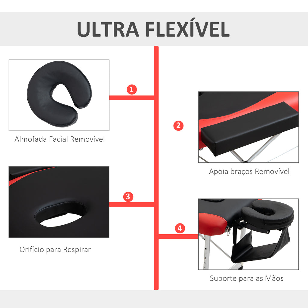 Marquesa de Massagem Dobrável e Portátil Mesa de Massagem com Altura Ajustável Apoio para a Cabeça e Apoio para os Braços 215x60x61-84 cm Preto e Vermelho — foto 4