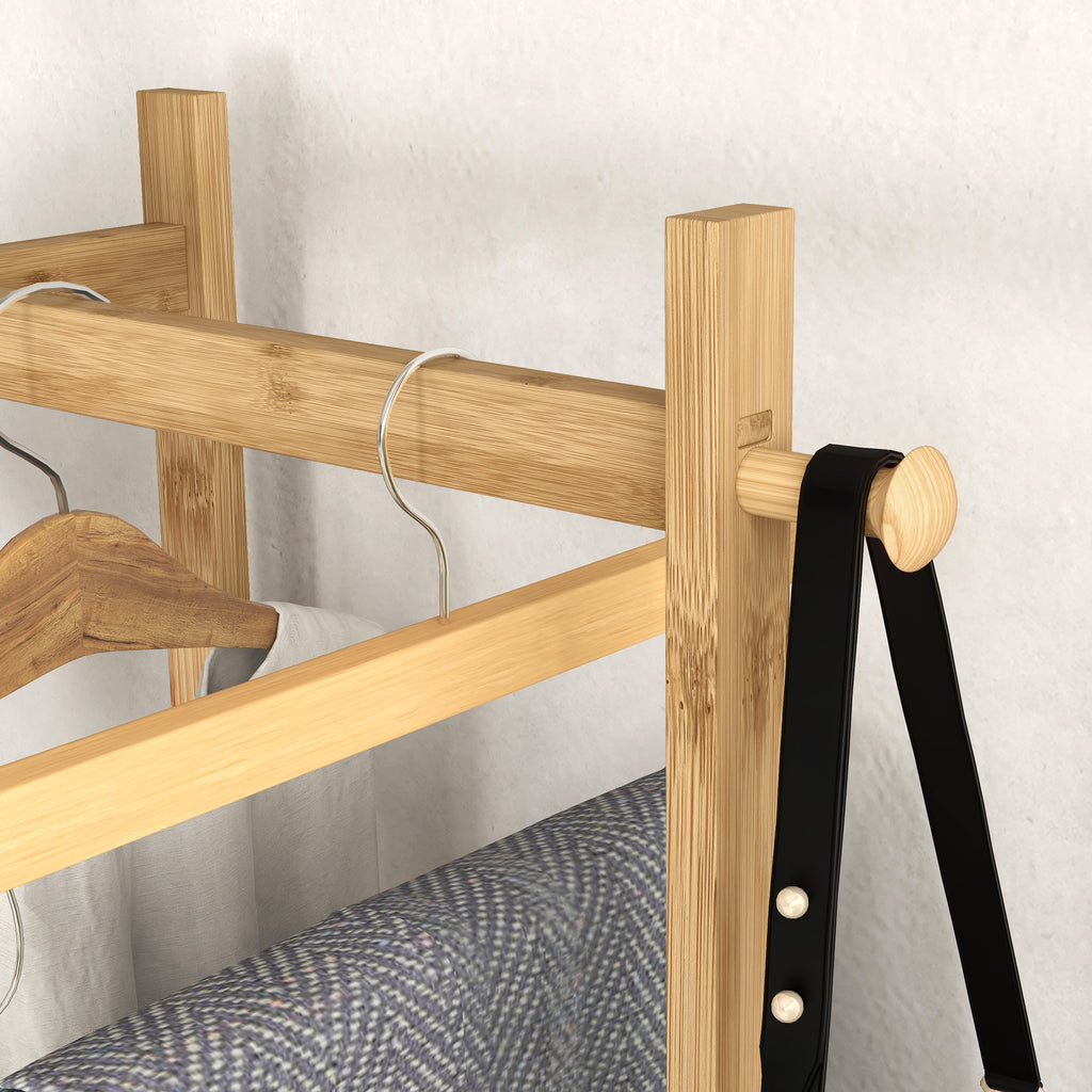 Cabide de Pé de Bambu com 2 Prateleiras 2 Ganchos 5 Barras Cabide de Entrada com Estrutura de Aço para Pendurar Roupa no Corredor Sala de Estar Quarto 46x28,5x153,5 cm Madeira e Preto — foto 7