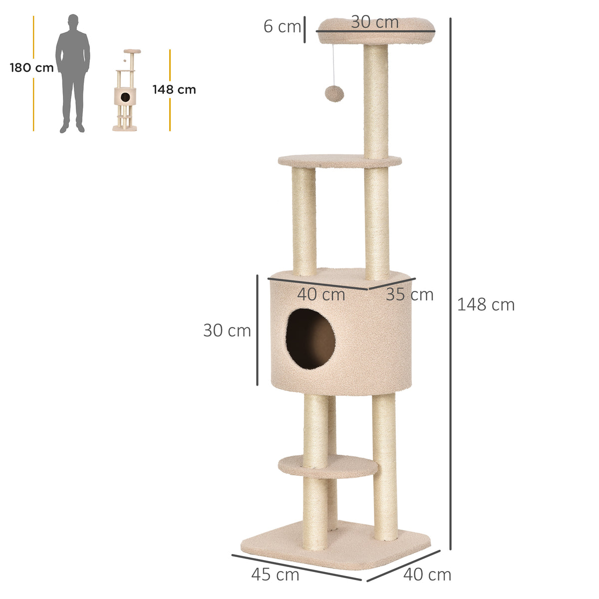 Arranhador para Gatos Altura 148 cm Arranhador para Gatos com Postes de Sisal 3 Plataformas Casa e Bola Suspensa Bege — foto 3