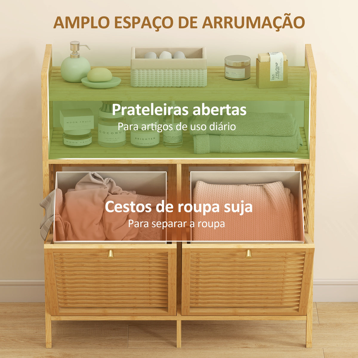 Móvel de Casa de Banho com Cesto para Roupa Suja Móvel para Roupa Suja em Bambu 2 Sacos de Roupa Extraíveis e Laváveis com Alça 2 Prateleiras Abertas para Lavandaria 82x33x88 cm Madeira — foto 4